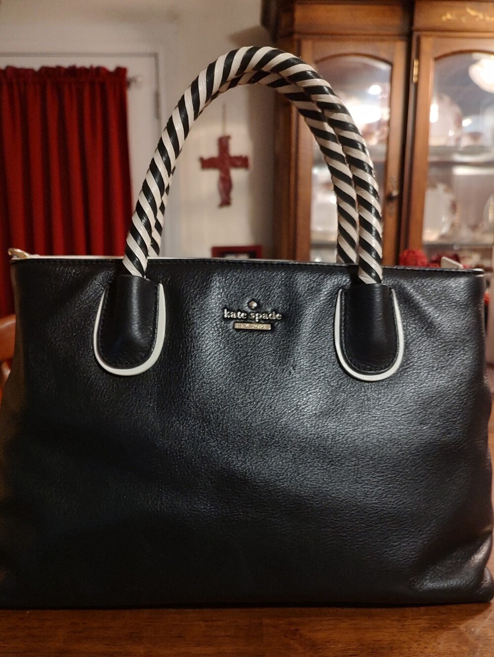 kate spade Black Leather Tote with Black-and-White Striped Handles
